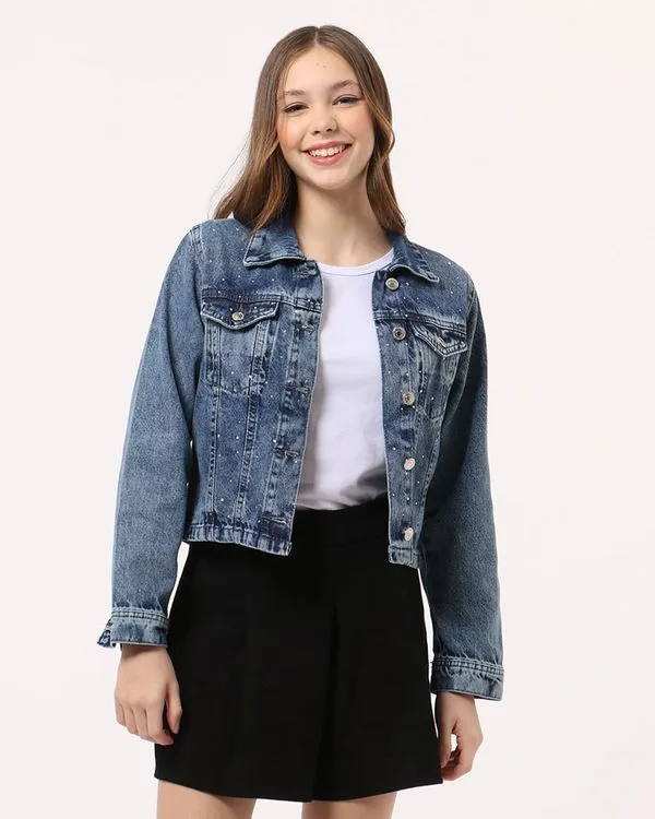 Jaqueta Jeans Juvenil Algodão Brilhos Azul 10