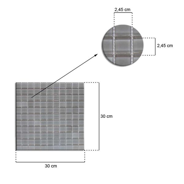 Pastilha de vidro 2,45x2,45cm placa 30x30cm cinza claro Crystalcor