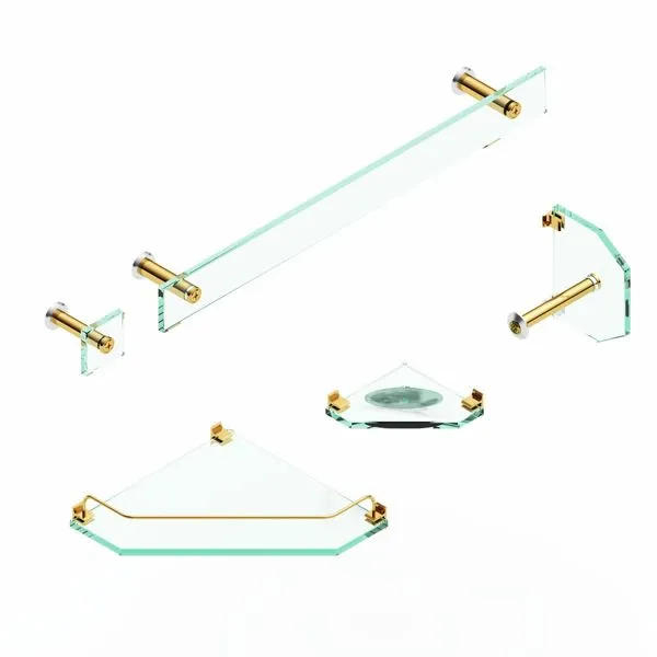 Kit Acessórios De Banheiro Blinglass 05 Peças De Canto Vidro Incolor Dourado (MP)