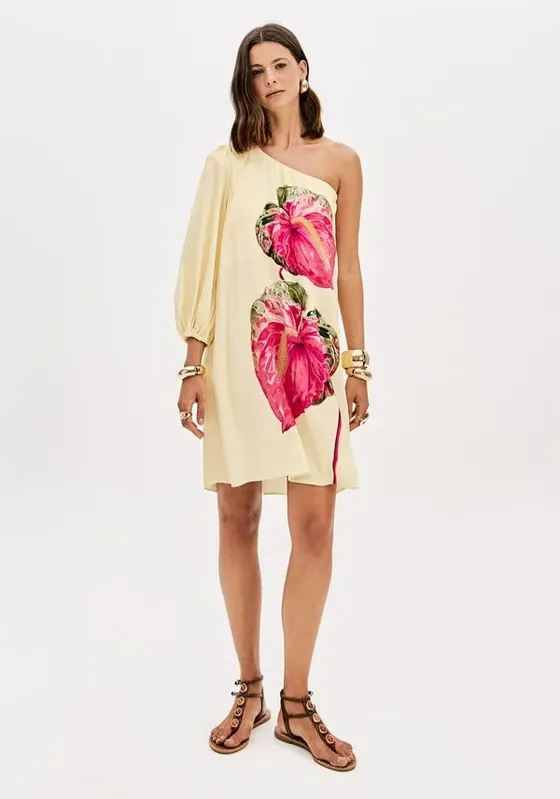 Vestido Curto Ombro Único Estampado Rosa G