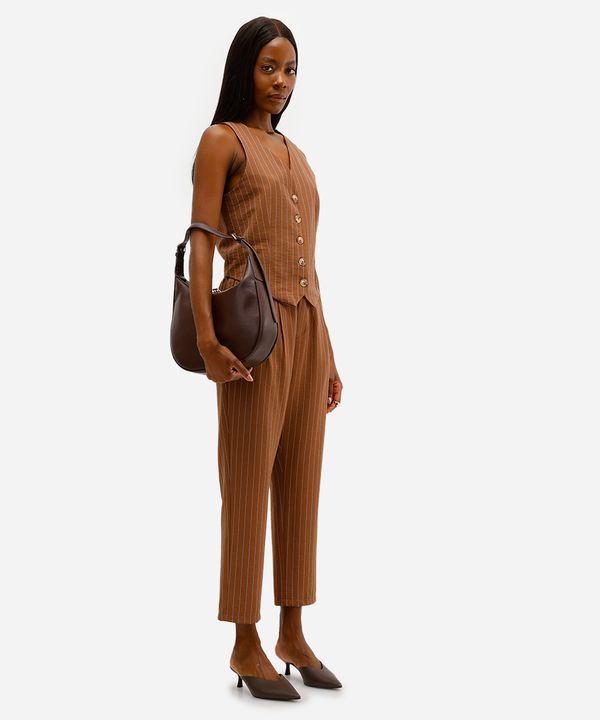 calça feminina de alfaiataria cós elástico risca de giz marrom 42