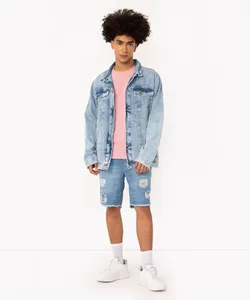 bermuda jeans com rasgos e bolsos azul médio M
