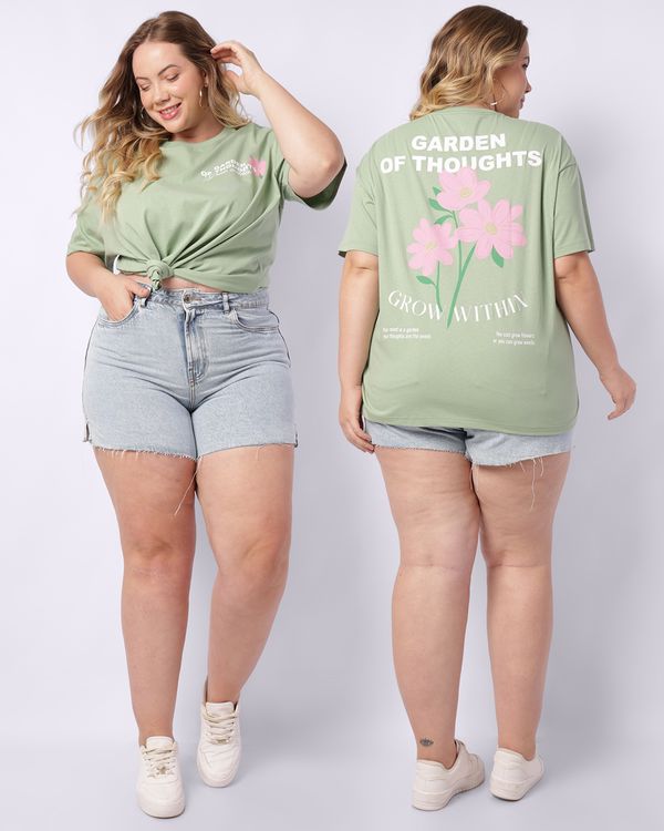 Camiseta Plus Size Feminina Algodão Estampa Frente Costas Verde G1