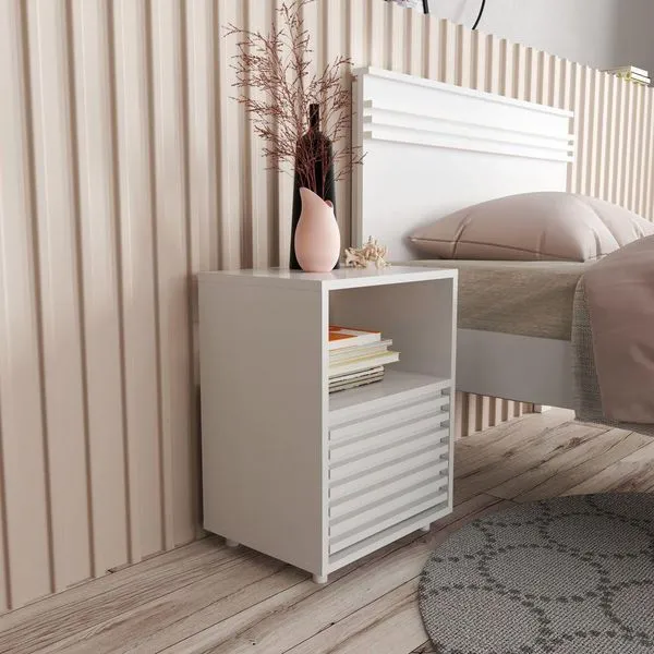 Mesa De Cabeceira Com 1 Gaveta E Detalhe Ripado Branco