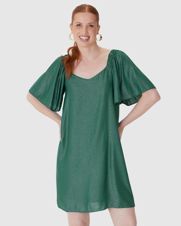 Vestido Feminino Evasê Manga Com Franzido Em Viscose Lurex Verde - G