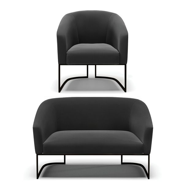 Sofá Namoradeira e Poltrona Base Industrial Preto Stella Suede D03 - D'Rossi Preto