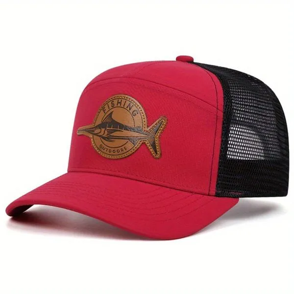 Boné De Beisebol Masculino E Emblema De Peixe + Malha Respirável Vinho Vermelho