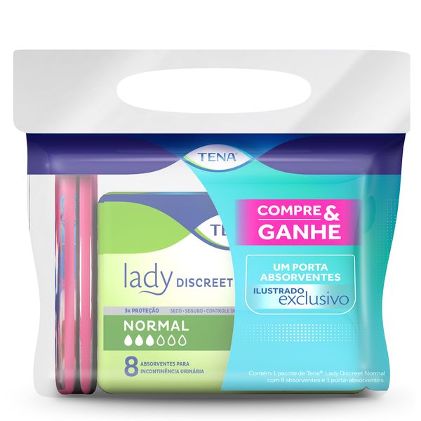 Kit Absorvente Tena Lady Discreet Incontinência Urinária Normal com Abas 8 Unidades 2 Pacotes – Brinde Porta Absorvente