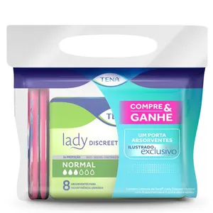 Kit Absorvente Tena Lady Discreet Incontinência Urinária Normal com Abas 8 Unidades 2 Pacotes – Brinde Porta Absorvente