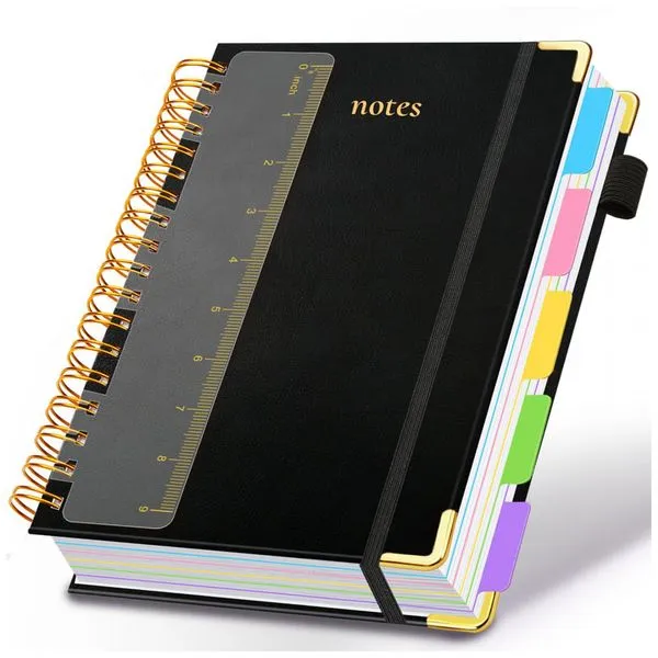 Caderno universitário espiral capa dura GDGDSY B5 8x10, 5 matérias, 300 páginas pautadas, divisórias removíveis, capa couro sintético preto