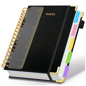 Caderno universitário espiral capa dura GDGDSY B5 8x10, 5 matérias, 300 páginas pautadas, divisórias removíveis, capa couro sintético preto