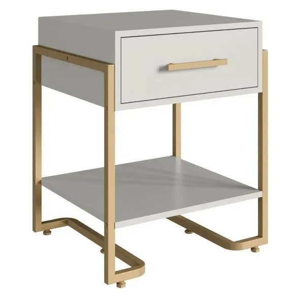 Mesa de Cabeceira Quarto com 1 Gaveta Criado Mudo Industrial 49cm Arenas Champanhe Placa e Ponto