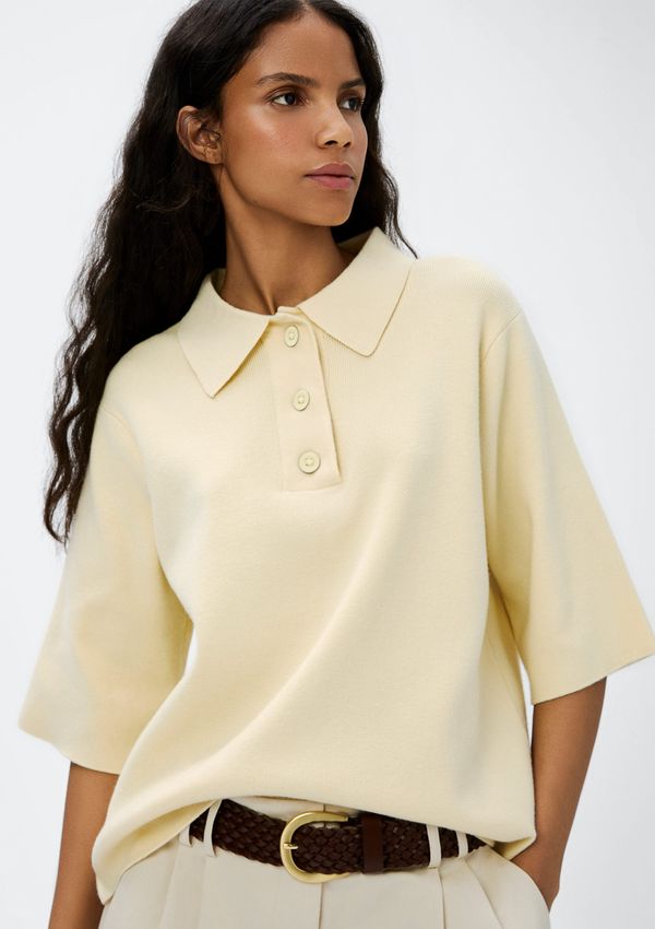 Blusa Polo Feminina Manga Curta Box Em Tricô - Amarelo P