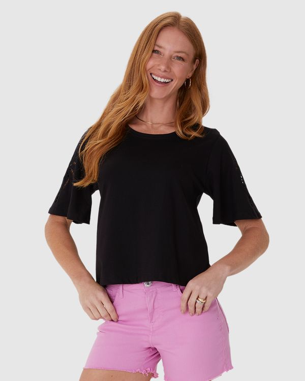 Blusa Feminina Bordado Na Manga Em Malha Algodão Comfy Preto - GG