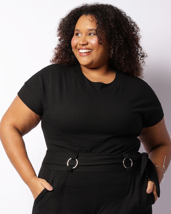 Blusa Plus Size Feminina Manga Curta Texturizada Preta G2