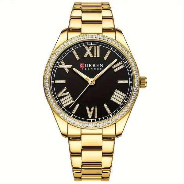 Relógio de Pulso Feminino de Quartzo Luxuoso com Ponteiros Luminosos Pulseira Aço Inox Preto Curren Relógio de Pulso Feminino de Quartzo Elegante com Ponteiros Luminosos Aço Inox Preto Curren