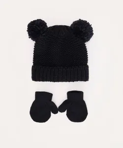 kit infantil de tricot com gorro e luva azul marinho UNICO