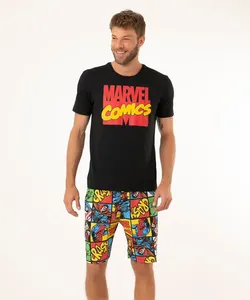 pijama de algodão manga curta + short marvel preto M