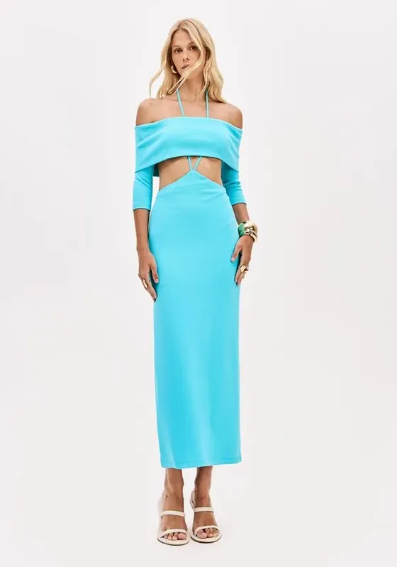 Vestido Super Midi Ombro a Ombro Azul PP