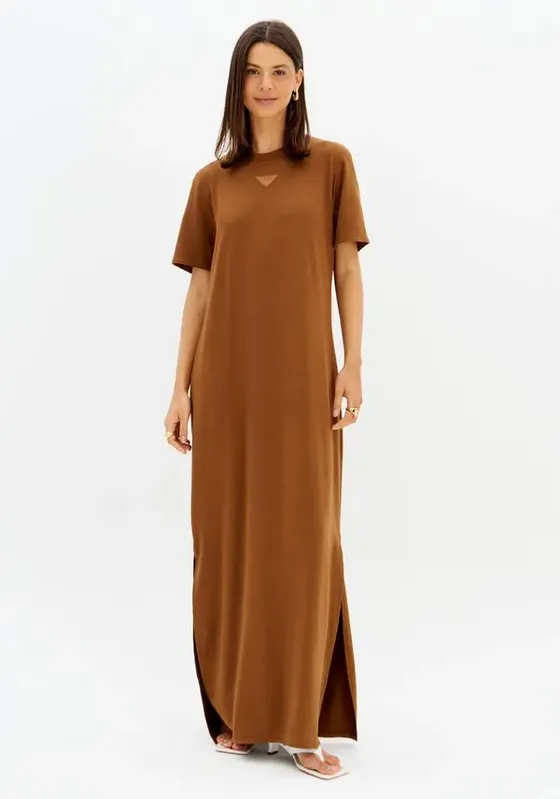 Vestido Super Midi Com Fendas Laterais Marrom P