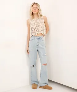 calça wide leg destroyed cintura alta azul 40