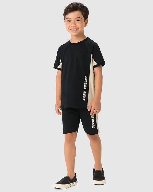 Conjunto Menino Camiseta E Bermuda Recortes Laterais Em Algodão - Carinhoso Preto - 12