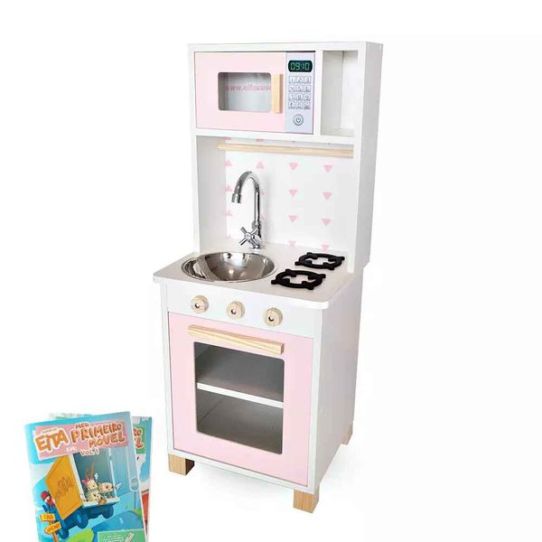 Kit Livro Mini Cozinha Infantil com Pia Fogão e Microondas Rosa Bebê