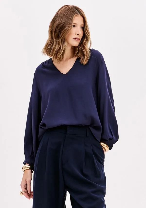 Blusa Decote V Mangas Médias Com Pregas Azul Marinho M