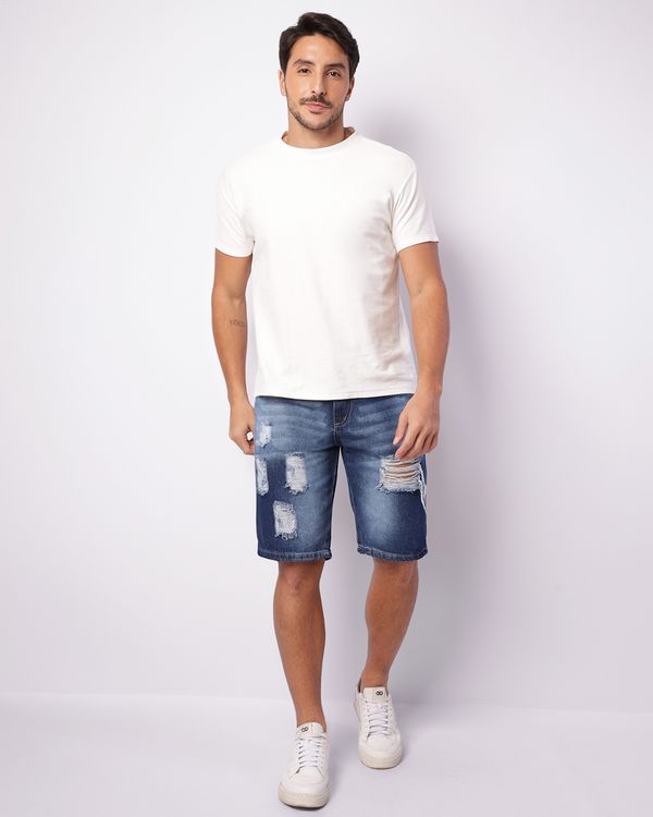 Bermuda Jeans Masculina Reta Destroyed Azul 36