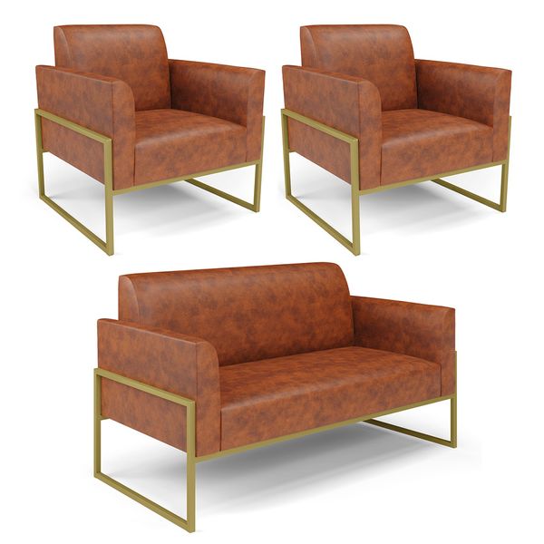 Sof Namoradeira com 2 Poltronas Base Industrial Alta Dourado Marisa Corano D03 - D'Rossi Nozes