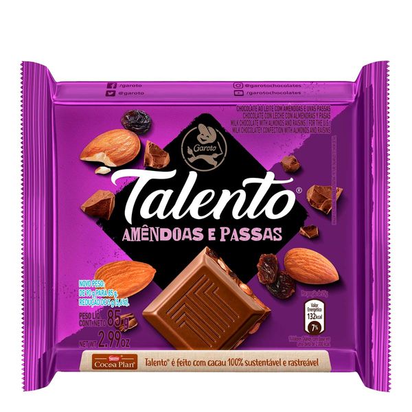 Chocolate Garoto Talento Ao Leite Com Amêndoas E Passas 85g