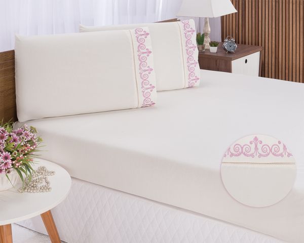 Jogo lençol quarto casal Queen bordado 3peças Palha com Rose