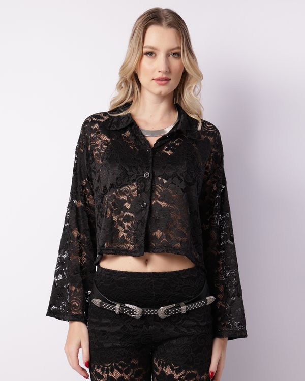 Camisa Feminina Manga Longa Renda Preta G