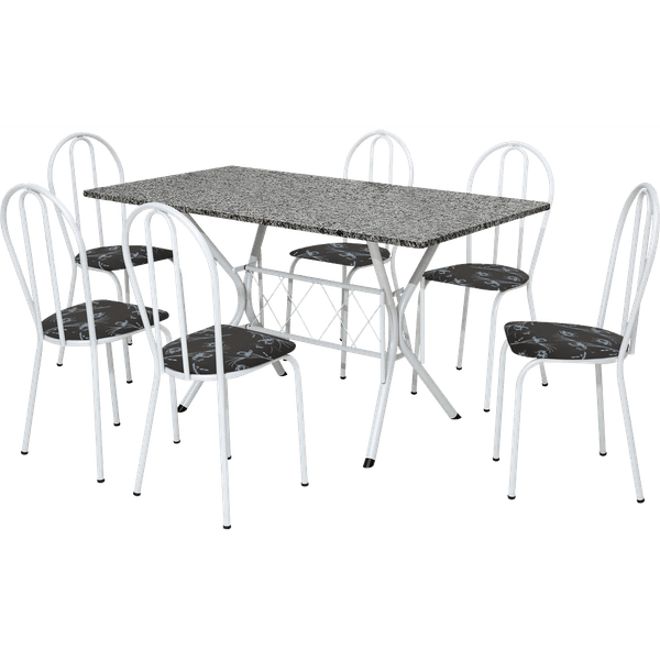 Conjunto Copa Bruna com 6 Cadeiras em Aço e Granito Preto / Branco