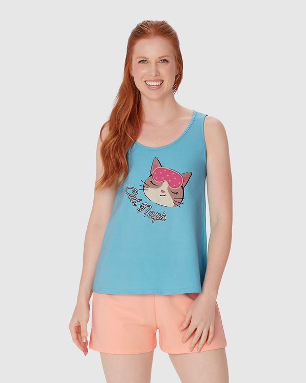 Pijama Feminino Regata Estampada E Shorts Em Algodão Azul - PP
