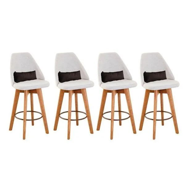 Kit 04 Banquetas Alta Maya Giratória Com Encosto Linho Bege Claro e Almofada Suede Marrom - Aurora Line