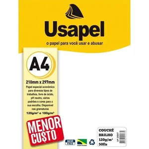 Papel A4 Couchê Filiperson Couche Usapel 120g para Impressão Off Set e Laser Branco Papel A4 Couchê Filiperson Couche Usapel 120g Branco