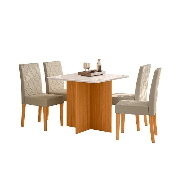 Conjunto Mesa de Jantar Helo com 4 Cadeiras Jade Vidro Off White Freijó - Poliman