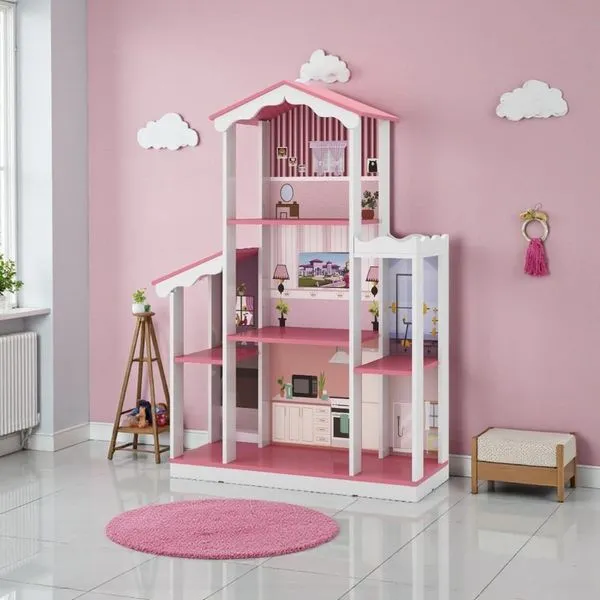 Casa de Bonecas Infantil Completa Modelo Branco Rosa para Quarto em MDF MDP Branco Rosa de Casa Casa de Bonecas Infantil Completa Modelo Branco Rosa para Quarto Branco Rosa de Casa