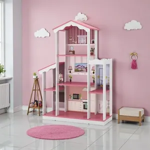 Casa de Bonecas Infantil Completa Modelo Branco Rosa para Quarto em MDF MDP Branco Rosa de Casa Casa de Bonecas Infantil Completa Modelo Branco Rosa para Quarto Branco Rosa de Casa