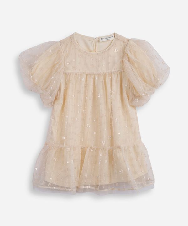 vestido infantil de tule com bordado manga bufante bege 1