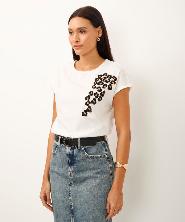 camiseta de algodão manga curta animal print off white P