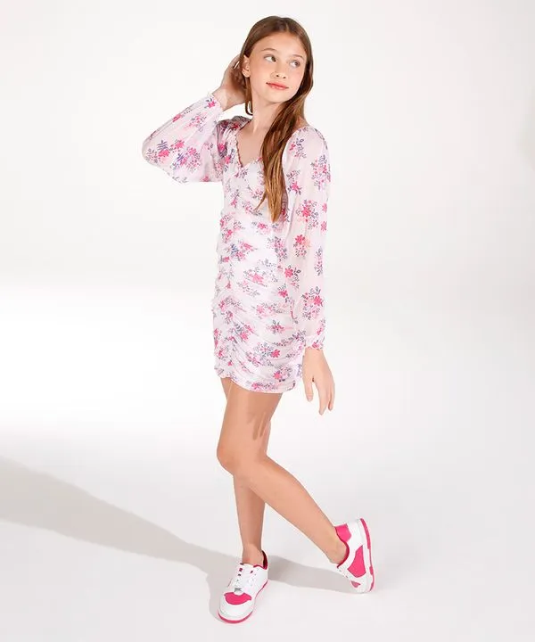 vestido juvenil de tule franzido floral colorido 14