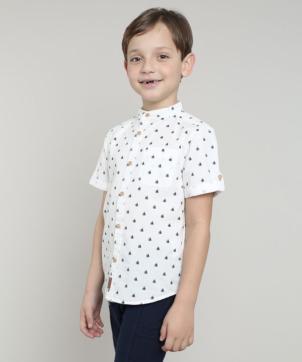 Camisa Infantil Estampada de Barco com Bolso Manga Curta Gola Portuguesa Off White 8