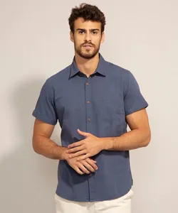 Camisa Tradicional com Linho e Bolso Manga Curta Azul Marinho G