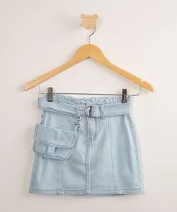 saia juvenil jeans com bolso chaveiro e cinto azul claro 10