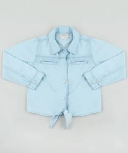 Camisa Jeans Infantil com Amarração Manga Longa Azul Claro 4