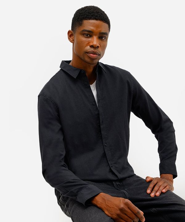 camisa masculina de linho e algodão manga longa preta P