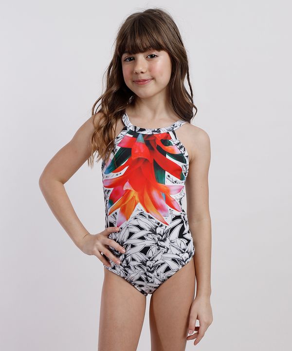 Maiô Body Infantil Água de Coco Tal Mãe Tal Filha Estampado Bromélia Colorida Proteção UV+50 Off White 6
