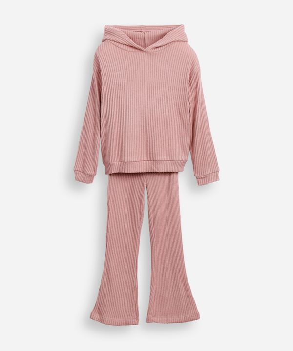 conjunto infantil longo de viscose canelado com capuz rosa 8